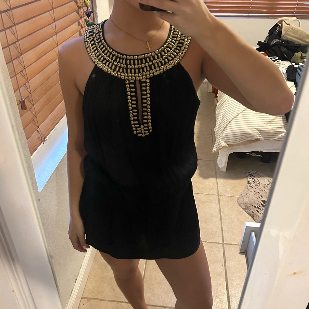 Bebe Black and Gold Beaded Mini Dress